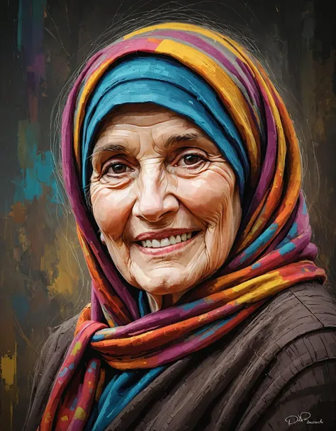 ASCIIthe elderly woman in the image, adorned with a vibrant headscarf and scarf, has been transformed into an impressionistic piece of art. the once detailed facial features have been softened, with broad brushstrokes capturing the essence of her expression instead of the specifics. her smile remains warm and inviting, but it now radiates across her face in a softer, more abstract manner. the color palette is more subdued than before, giving the painting a serene atmosphere., dan mumford paint, inspired by dan mumford, in the art style of dan mumford, digital illustration