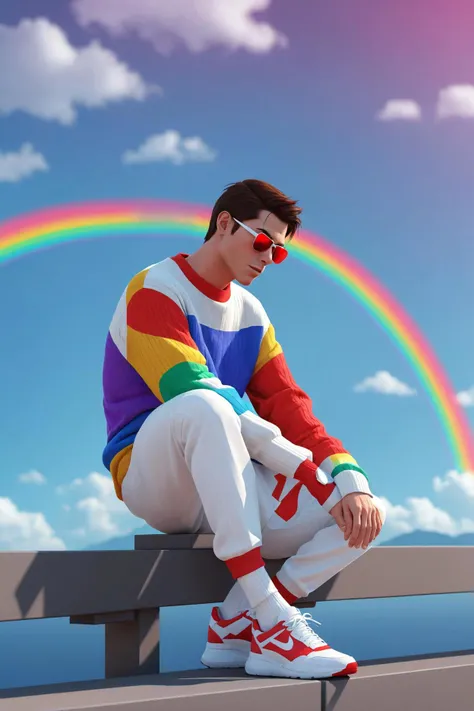 (superhot video game style, minimalistic, high contrast, red and white color scheme, geometric), the image presents a virtual landscape style scene featuring an individual dressed in a vibrant, multicolored sweater. the person is seated on a bench, their hand resting casually on the armrest. their attire stands out with its rainbow colors, making it the focal point of this serene setting.