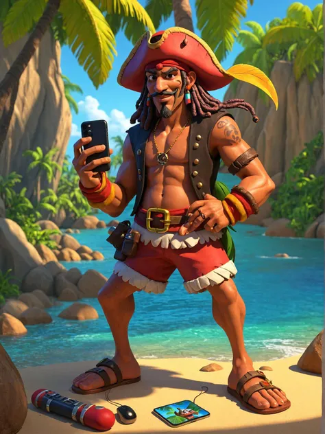 soothing tones, strong legs, flame stones are scattered, vibrant cartoon art, 4k, quirky, casting a colorful shadow over their face. in their hand, with the mouse appearing ready for a pirate voyage amidst a picturesque tropical setting., they hold a phone, digital art inspired by patrick woodroffe