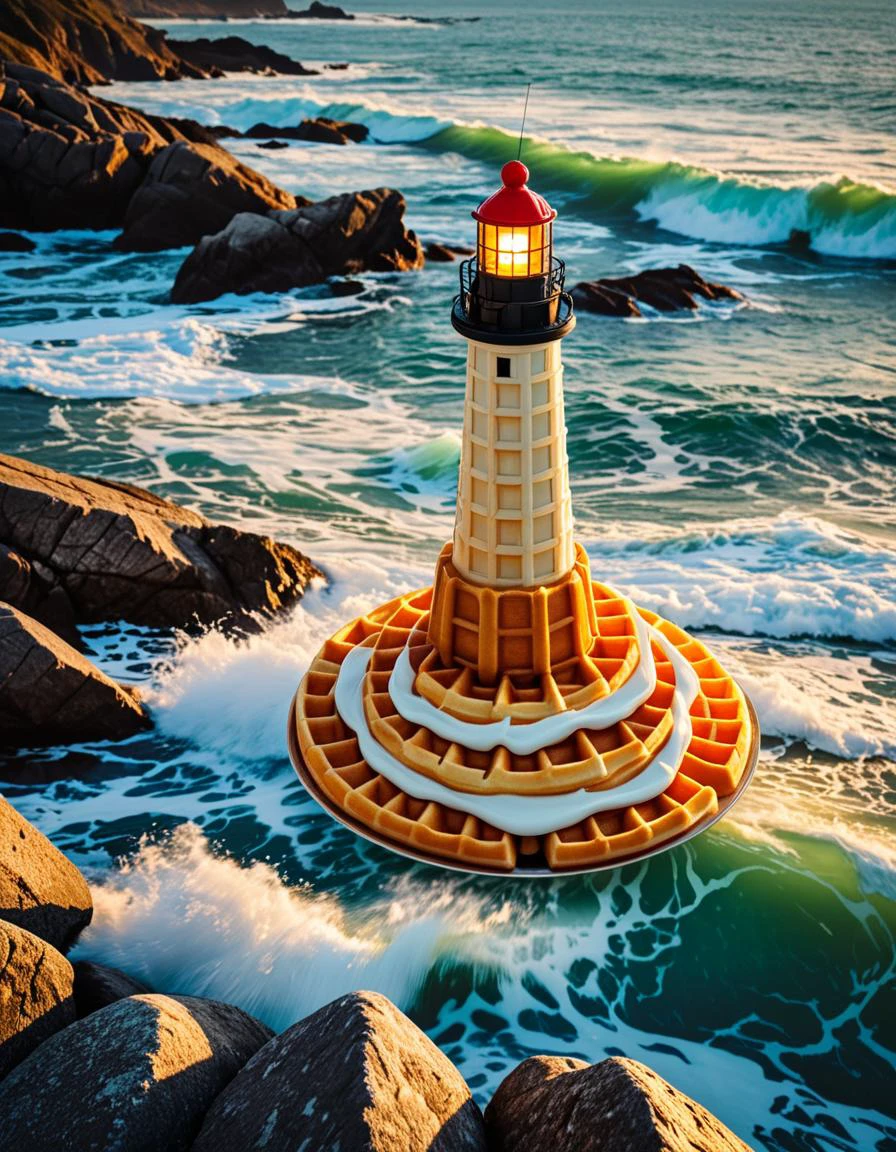 Giant lighthouse shaped waffle cone with a light on top, on rocks, waves crahsing