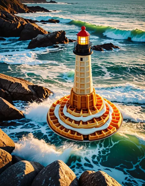 Giant lighthouse shaped  waffle cone with a light on top, on rocks, waves crahsing