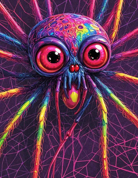 ASCIIlisa frank style, a close up of a spider with red eyes on a white background, an illustration of inspired by sigurd swane, trending on zbrush central, sots art, big spider, giant spider foreground, an ugly giant spider, in a lisa frank art style, holographic neon highlights, inspired by lisa frank