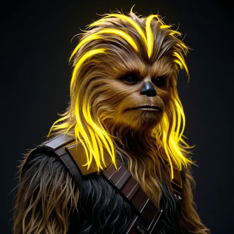 chewbacca with hrglw yellow glowing neon hair, fauxhawk, sparks, dark club<lora:glowing_hair-000006:1>