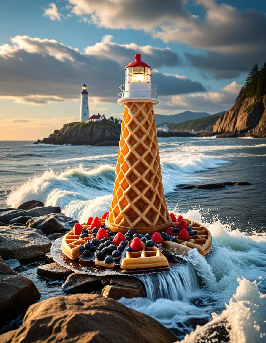 Giant lighthouse shaped waffle cone with a light on top, on rocks, waves crahsing