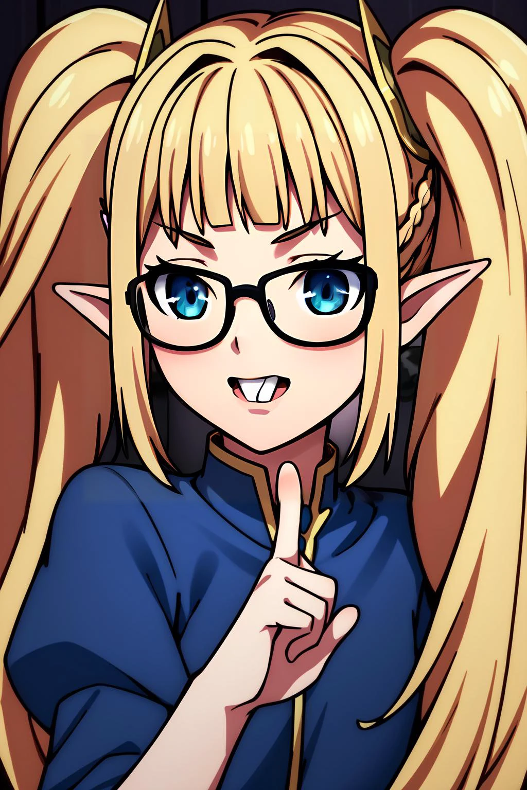 (masterpiece, best quality), intricate details,
1girl, <lora:åå§1Ve:0.8> 1girl,twintails,sidelocks,blonde hair,elf,blue eyes,pointy ears,long hair,bangs,braid,blunt bangs,sidelocks,
<lora:UhmActually:0.8> glasses,index finger raised,upper teeth,