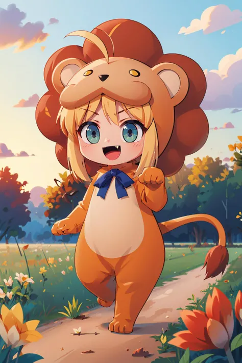 masterpiece, best quality,  <lora:SaberLion_V2-E10_(Fate):1> saberlio, ahoge, animal costume, lion, blue bow, tail, chibi, field, savannah, sunset, :D, furrowed brow, fangs, paw pose, walking