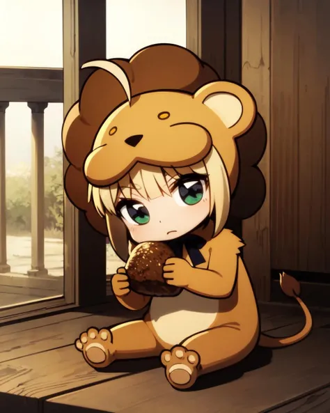1girl, chibi, saberlio, ahoge, animal costume, lion, blue bow, tail, veranda, sitting, holding food, simple background,  <lora:saberlio_V2-10:0.8>  <lora:yuzusoft-chibiV2:0.2>