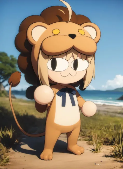 1girl, full body, :3, chibi, solo, saberlio, ahoge, (animal costume, lion) blue bow, tail <lora:saberlio_V2-10:0.8>  <lora:Neco-Arc:1>