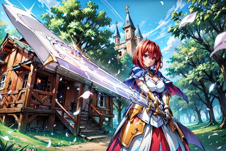 <lora:more_details:0.25>,
<lora:flat2:-0.35>,
Highly detailed, High Quality,masterpiece, best quality, hyres,intricate detail, extreme detail,
4k,absurdres,Detailed illustration,high resolution,
anime screencap,
fantasy,
knight,paladin,gorgeous detailed armored dress, gauntlets, capelet, greave,breastplate, sabaton, cuisse,poleyn,pauldrons, vambraces, full armor,
jewelry, pendant,
sunrise stance, (holding sword:1.3), holding weapon, <lora:SunriseStance:0.8>,
holy aura,holy long glowing sword,light particles,
dark red eyes,
translucent hair,
bangs,
short hair,
shaggy hair,
1girl,solo,
large breasts,slender,parted lips,cleavage,
tsurime, long eyelashes, makeup,eyeshadow,
serious,
Petals fluttering in the air,
zoom out,wide shot,
depth of field ,motion lines,
outdoors,castle,forest,
looking at another,
hrm, <lora:hrm_v13:0.75:lbw=NIN>,