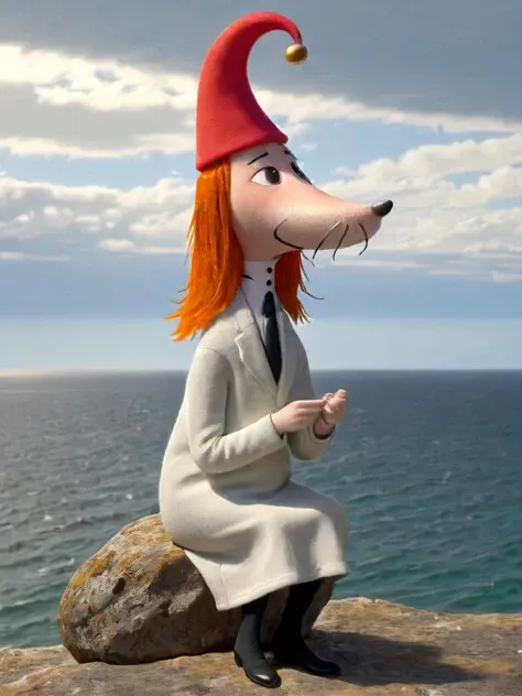 Moomins, Fillyjonk, fillyjonk, 3D, solo, sitting, hat, sitting on a rock, orange hair, red hat, background sea, cloudy sky, solo<lora:Moomin-0000091 (2):1>