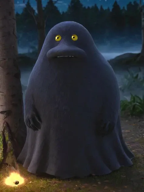 Moomins, Groke, groke, no humans, animal focus, night, outdoors, yellow eyes, bird, pokemon (creature), solo, tree<lora:Moomin-0000091 (2):1>