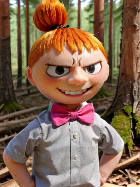 Moomins, little mu, 1girl, solo, male focus, smile, orange hair, forest, nature, bowtie, bow, topknot, shirt, outdoors, yellow shirt, tree, red bow, pink bowtie,dress<lora:Moomin-0000091 (2):1>