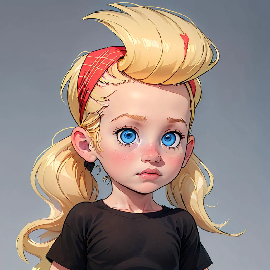 Sissy Blakely, black shirt, blonde hair, plaid shorts, blue eyes, child, <lora:Sissy_Blakely_Leaf3:0.75>, neutral gray background