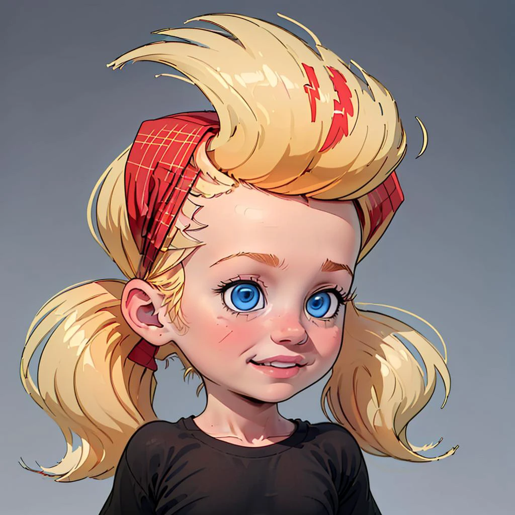 Sissy Blakely, black shirt, blonde hair, red plaid shorts, blue eyes, child, <lora:Sissy_Blakely_Leaf3:0.75>, happy, neutral gray background