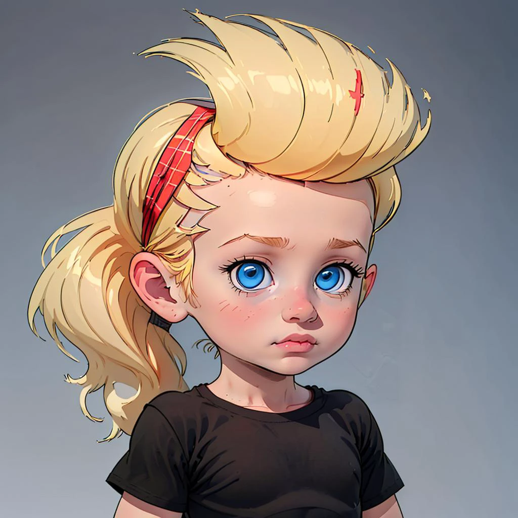 Sissy Blakely, black shirt, blonde hair, plaid shorts, blue eyes, child, <lora:Sissy_Blakely_Leaf3:0.75>, neutral gray background