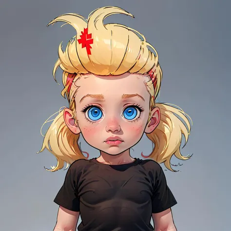 Sissy Blakely, black shirt, blonde hair, red plaid shorts, blue eyes, child, <lora:Sissy_Blakely_Leaf3:0.75>, neutral gray background