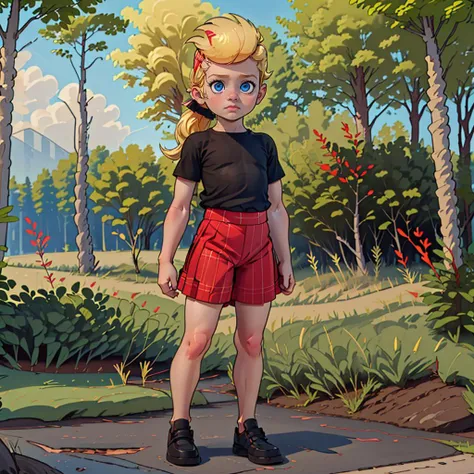 full body shot of Sissy Blakely, black shirt, blonde hair, red plaid shorts, blue eyes, , <lora:Sissy_Blakely_Leaf3:0.75>, outdoors