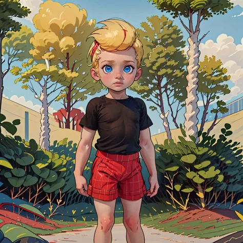 full body shot of Sissy Blakely, black shirt, blonde hair, red plaid shorts, blue eyes, , <lora:Sissy_Blakely_Leaf3:0.75>, outdoors