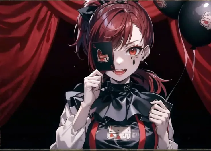 (red hair:1.2),girl with ponytail and bangs, open mouth, looking at viewer, messy hair, red eyes, (small breast:1.3),black dress, black belt, black neclea, red ribbon, black choker, <lora:Envy Baby:0.8>, envy baby, looking at viewer, holding, tongue, tongue out, mole, facial mark, curtains, one eye covered, card, balloon, red theme, holding card, framed, stage, holding balloon
