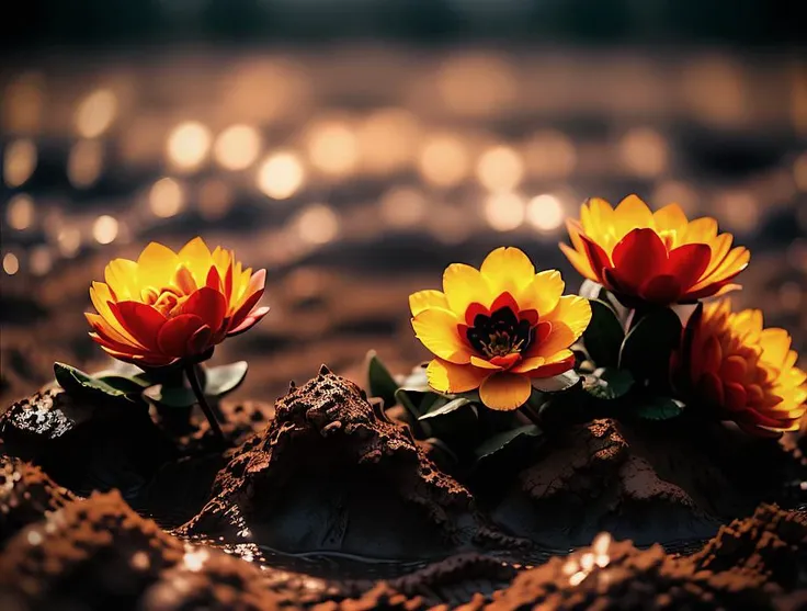 <lora:dooli_yiu_v10:0.7>, a bunch of flowers that are in the (earth, mud:1.3),
fade, slate gray, orange color lookup, (teal and orange:0.7), cinematic colors, vignette, lowkey, glowing, dark depth of field