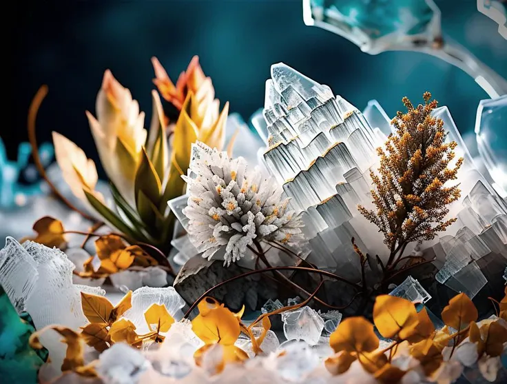 <lora:dooli_yiu_v10:0.8>, a close up of a bunch of rocks and plants, dried leaves, flowers dried in ice, transparent ice, roughness of materials,
fade, slate gray, orange color lookup, (teal and orange:0.7), cinematic colors, vignette, lowkey, glowing, dark depth of field