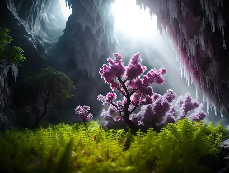 <lora:dooli_yiu_v10:0.7>, creepers around the tree trunk, alien vegetation, purple cold tones, huge flowers, cold ice cave, (abyss:1.2),
cinematic light, cold tempreture shot, blue color spectrum grading, vignette, epic light, fade, slate gray, dimmed, lowkey