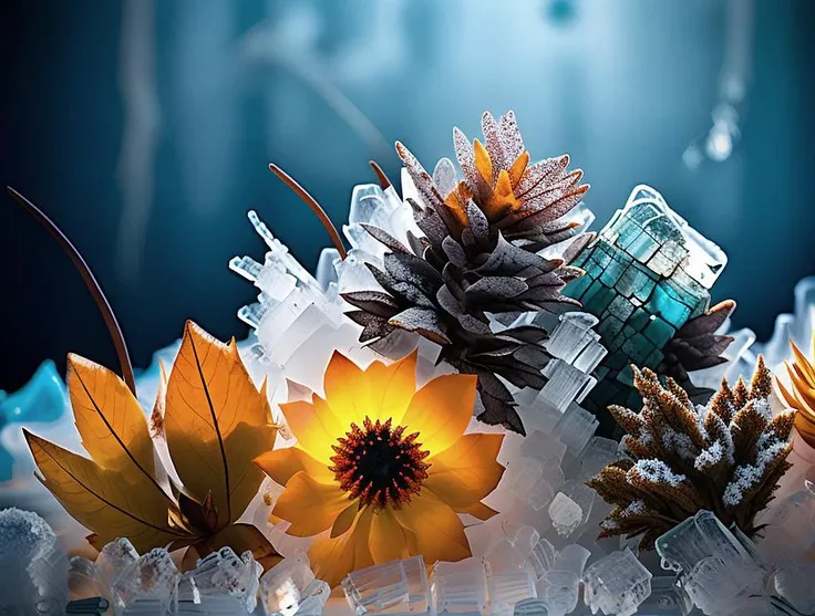 <lora:dooli_yiu_v10:0.8>, a close up of a bunch of rocks and plants, dried leaves, flowers dried in ice, transparent ice, roughness of materials,
fade, slate gray, orange color lookup, (teal and orange:0.7), cinematic colors, vignette, lowkey, glowing, dark depth of field
