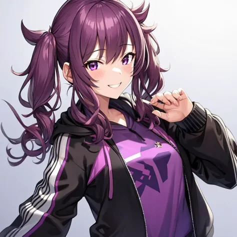 1girl, twintails, purple eyes, <lora:NatsukiKarin-03:1>, masterpiece, ultra-detailed, detailed_clothes, smile, full body, hoodie