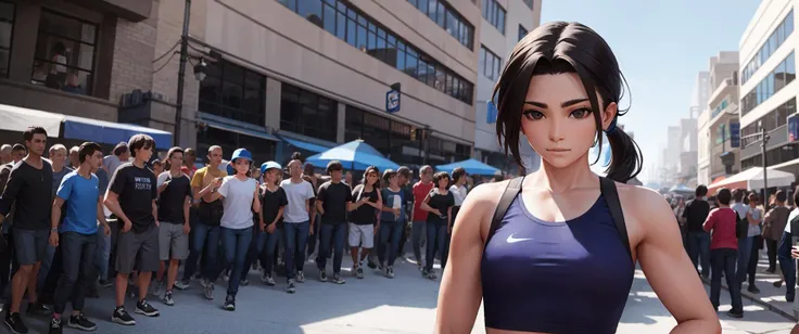 high (athletic tomboy:1.2) with long hair undercut in the city crowd, photorealistic