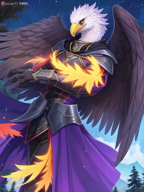 (Anthro:1.2), (griffin:1.3 with eagle beak:1.2), (male:1.1), (with black feathers:1.2), (in armor:1.2), (wearing purple cloak:1.2), (solo_focus:1.3), look away, (dynamic_pose:1.1). symmetrical wings.
(In maple autumn forest:1.2), (in the evening:1.1), (the sky is dark blue:1.2). hyper details, lighting art, cinematic, insane details, intricate details, hyperdetailed, goth, fractal, dark shot.