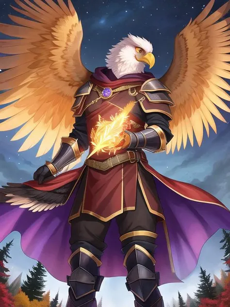 (Anthro:1.2), (griffin:1.3 with eagle beak:1.2), (male:1.1), (with black feathers:1.2), (in armor:1.2), (wearing purple cloak:1.2), (solo_focus:1.3), look away, (dynamic_pose:1.1). symmetrical wings.
(In maple autumn forest:1.2), (in the evening:1.1), (the sky is dark blue:1.2). hyper details, lighting art, cinematic, insane details, intricate details, hyperdetailed, goth, fractal, dark shot.