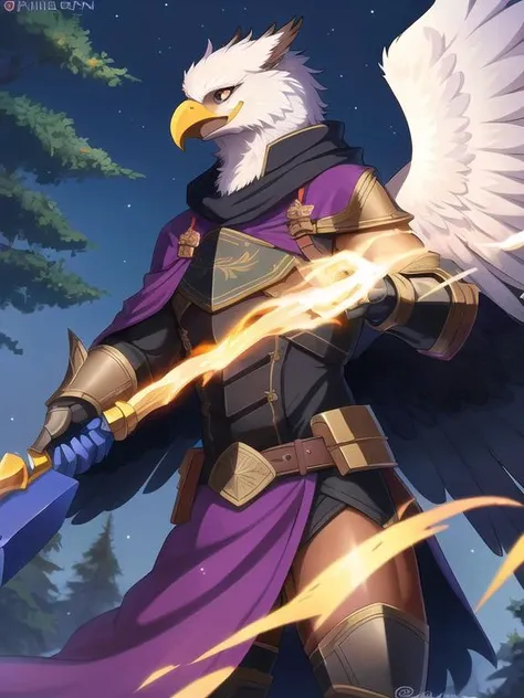 (Anthro:1.2), (griffin:1.3 with eagle beak:1.2), (male:1.1), (with black feathers:1.2), (in armor:1.2), (wearing purple cloak:1.2), (solo_focus:1.3), look away, (dynamic_pose:1.1). symmetrical wings.
(In maple autumn forest:1.2), (in the evening:1.1), (the sky is dark blue:1.2). hyper details, lighting art, cinematic, insane details, intricate details, hyperdetailed, goth, fractal, dark shot.