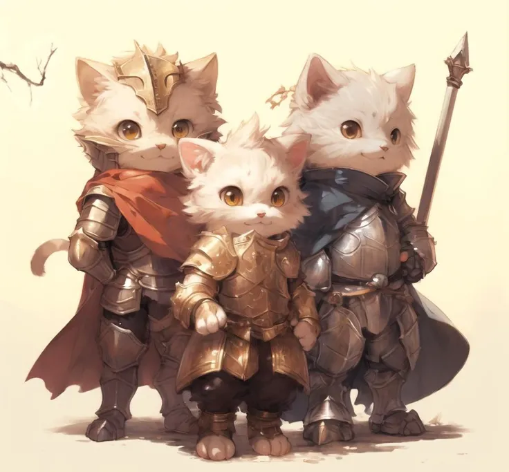 three cats dressed in armor and holding swords standing next to each other