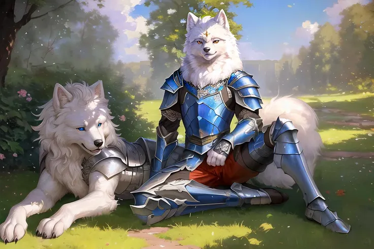 there is a woman in armor sitting next to a white dog