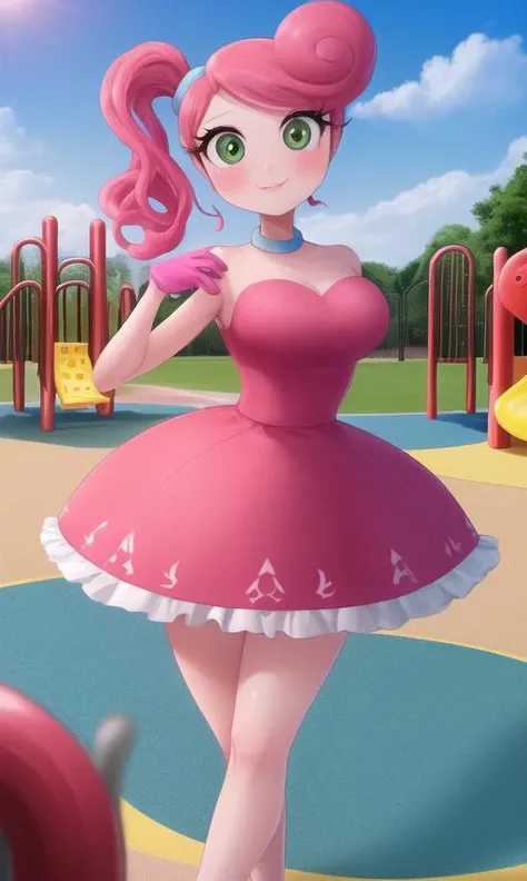 (Ultra high resolution, sharp focus and rich detail), cutie, <lora:mmylnglgs-09w:1> {mmylnglgs}Mommy,((circular shape:1.2)),,pink skin,pink hair,((pink gloves:1.1)),playground equipment<lora:Mommy_Long_Legs_Poppy_Playtime_for_PonyXL:1>