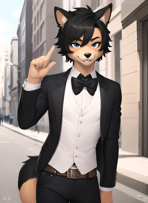 (furry art, uploaded on e621:1.4), 1boy, (solo_focus), (male:1.3) (furry:1.5) anthro, (upper body:1.3), on street, solo focus, detailed face, detailed eyes, (stylish haircut:1.4), detailed fluffy fur, fluffy tail, short hair, digitigrade, seductive pose, suit, fancy pants, digital painting, natural lighting, photorealistic (business suit:1.1), (smug face), smiling (cocky), steampunk