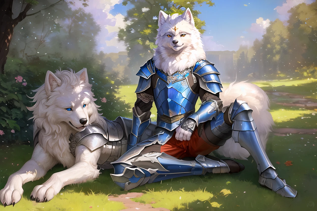 trending on artstation, uploaded to e621, ((highly detailed fullbody portrait of a solo furry muscular male samoyed by kazashino)), ((detailed face, detailed blue eyes and pupil, detailed hair, detailed fur, detailed handpaw, insane details), impasto impressionism,high quality digital art, realistic lighting), ((by honovy) and Michael & Inessa Garmash and Ruan Jia and Pino Daeni), (medieval dark fantasy (sliver knight armor) , sword)