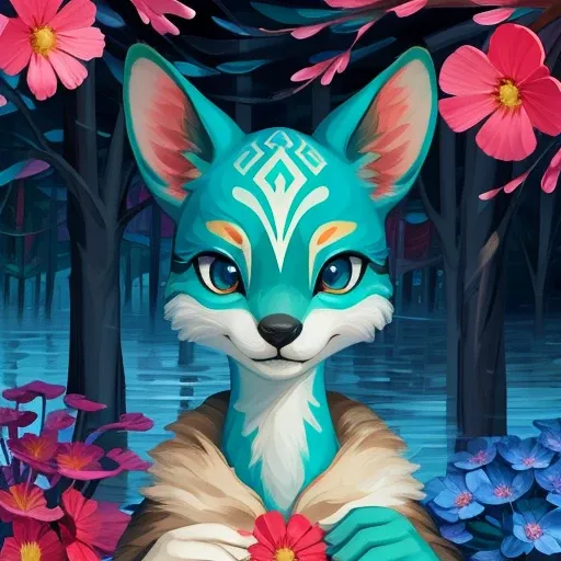 teal blue deer fawn (lynx_littlepaws_6vecs:0.8), safe content, cute eyes, by Chiho Aoshima, detailed background, (deer:1.0), feral, solo, outside, surreal, cute, adorable, young, (by Leonid Afremov:1.3), teal fur, detailed teal fur, looking at viewer, doe, flowers