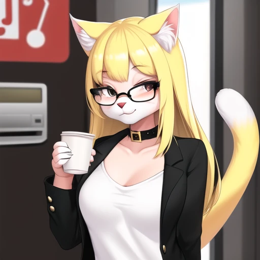 (furry art, upload on e621:1.4), 1girl, solo, female focus, sfw, (anthro furry:1.5, fluffy anthro:1.5), (A female white cat wearing a black jacket with a white t-shirt, in a crowded train station using a coffee vending machine. She is holding a cup of coffee.), cat female, feline, skinny, (glasses, black-framed_eyewear, rectangular_eyewear), (((fluffy white fur covering body, long hair, unique bangs, blonde hair, white cat ears, snout,  jingle bell collar))), yellow eyes, (fluffy:1.5, chest tuft:1.5, shoulder tuft:1.5, facial tuft:1.2, cheek tuft:1.2, cat tail), (masterpiece, best quality, detailed face, detailed eyes, detailed background)