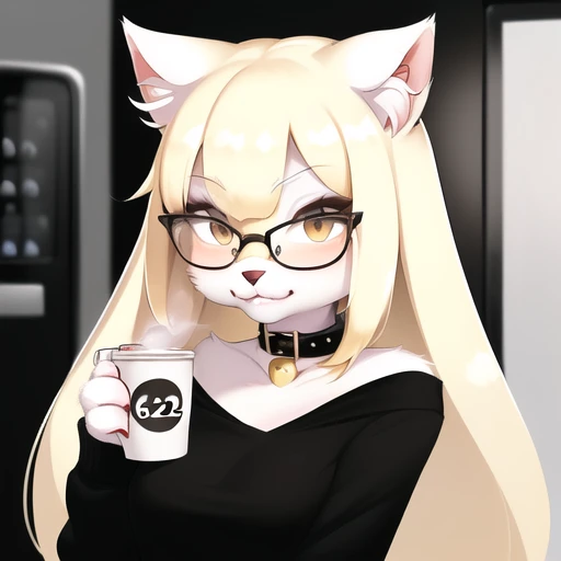 (furry art, upload on e621:1.4), 1girl, solo, female focus, sfw, (fluffy anthro furry:1.5), (A female white cat wearing a black jacket with a white t-shirt, in a crowded train station using a coffee vending machine. She is holding a cup of coffee.), cat female, feline, (((white fur covering body))), skinny, blouse,  (glasses, black-framed_eyewear, rectangular_eyewear), (((long hair, unique bangs, blonde hair, white cat ears, snout,  jingle bell collar))), yellow eyes, (fluffy, chest tuft, shoulder tuft, facial tuft, cheek tuft, tiger tail), (masterpiece, best quality, detailed face, detailed eyes, detailed background)