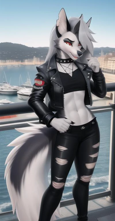 Masterpiece, Best Quality, <lora:loona-lora-v3:1>, Loona, Hellhound, Punk Jacket, Black Jeans, standing, menacing pose, furry, Full body, , ripped jeans, Monaco city, F1, formula 1 background