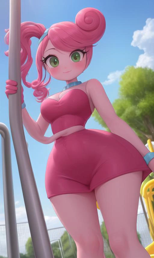 (Ultra high resolution, sharp focus and rich detail), cutie, <lora:mmylnglgs-09w:1> {mmylnglgs},((round body:1.2)),pink skin,pink hair,playground equipment<lora:Mommy_Long_Legs_Poppy_Playtime_for_PonyXL:1>