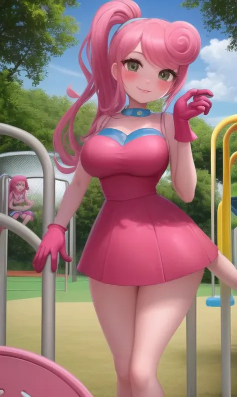 (Ultra high resolution, sharp focus and rich detail), 1girl,cutie, <lora:mmylnglgs-09w:1> {mmylnglgs}Mommy,mommy_long_legs,pink skin,pink hair,((pink gloves:1.1)),playground equipment<lora:Mommy_Long_Legs_Poppy_Playtime_for_PonyXL:1> spoken heart,