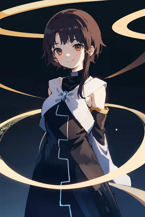 masterpiece,high quality,highres,solo,<lora:ps-lain-wasabiya:1>,pslain,x hair ornament,brown eyes,dress,hoop,black dress,strings,floating circles,blue orbs,arms behind back,smile,turning around,detached sleeves,black background,