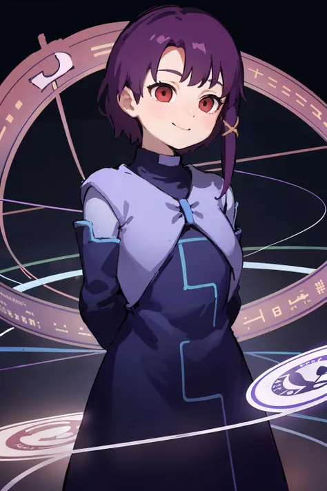 masterpiece,high quality,highres,solo,<lora:ps-lain-wasabiya:1>,pslain,x hair ornament,red eyes,dress,hoop,black dress,purple hair,strings,floating circles,blue orbs,arms behind back,smile,turning around,long sleeves,black background,magic circle,cyberspace,purple dress,