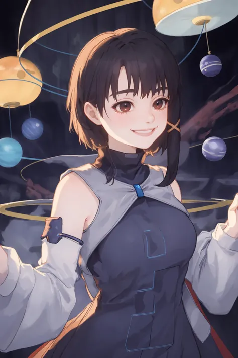 masterpiece,high quality,highres,solo,<lora:ps-lain-wasabiya:1>,pslain,x hair ornament,brown eyes,dress,hoop,black dress,strings,floating circles,blue orbs,arms behind back,smile,turning around,detached sleeves,black background,