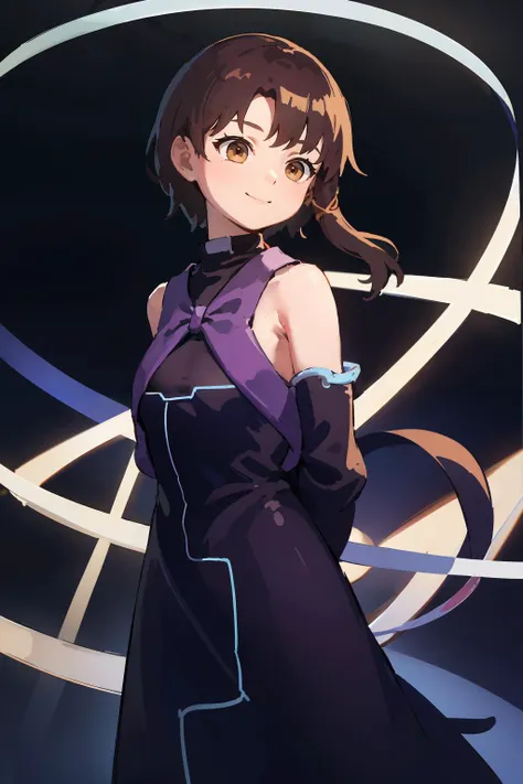 masterpiece,high quality,highres,solo,<lora:ps-lain-wasabiya:1>,pslain,x hair ornament,brown eyes,dress,hoop,black dress,strings,floating circles,blue orbs,arms behind back,smile,turning around,detached sleeves,black background,magic circle,cyberspace,purple dress,