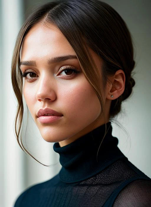 A stunning intricate full color portrait of (Jessica Alba:1), wearing a black turtleneck, epic character composition, by ilya kuvshinov, alessio albi, nina masic, sharp focus, natural lighting, subsurface scattering, f2, 35mm, film grain, <lyco:Jessica Alba:1.1>