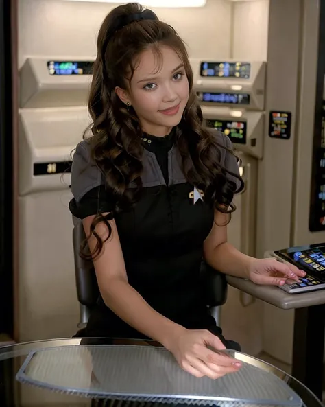 16 year old Jessica Alba, light blonde ponytail_weave_hairstyle, in black and yellow ds9st uniform, sitting in a chair, dsnstation bridge, starfleet bagde, 8k uhd, dslr, soft lighting, high quality, film grain, masterpiece quality, <lora:DS9_768V12:0.8>, 
slim body, cheerful face, tilted head, seductive pose, love smile, brown eyes, 
<lora:half_ponytail_hairstyle:0.5>, <lora:blonde hair, ponytail_weave_hairstyle:1.3>, <lyco:Jessica Alba:1.1>, (flat chest:0.4), <lora:MyBreastHelper:1>,