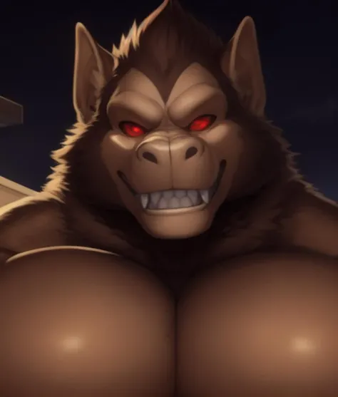 e621, ((oil painting \(medium\), by Wildering, by Patto, by Duskihorns)), solo hyper muscular male (Ozaru, <lora:OozaruGreat_Ape_-_Dragon_Ball_LoRa:1>),(gorilla,prick ears,brown fur,(hyper pecs:1.4), fur on cheek, long muzzle, brown monkey tail muscular abs,brown body, big smooth muscles, red eyes,biceps,onecolored body,summer,teeth), naked, big pecs, brown fur, brown body, fur on pecs, brown pecs, ( black jeans:1.5) (full body shot, portrait, full length shot)
BREAK
(gas station, midnight)